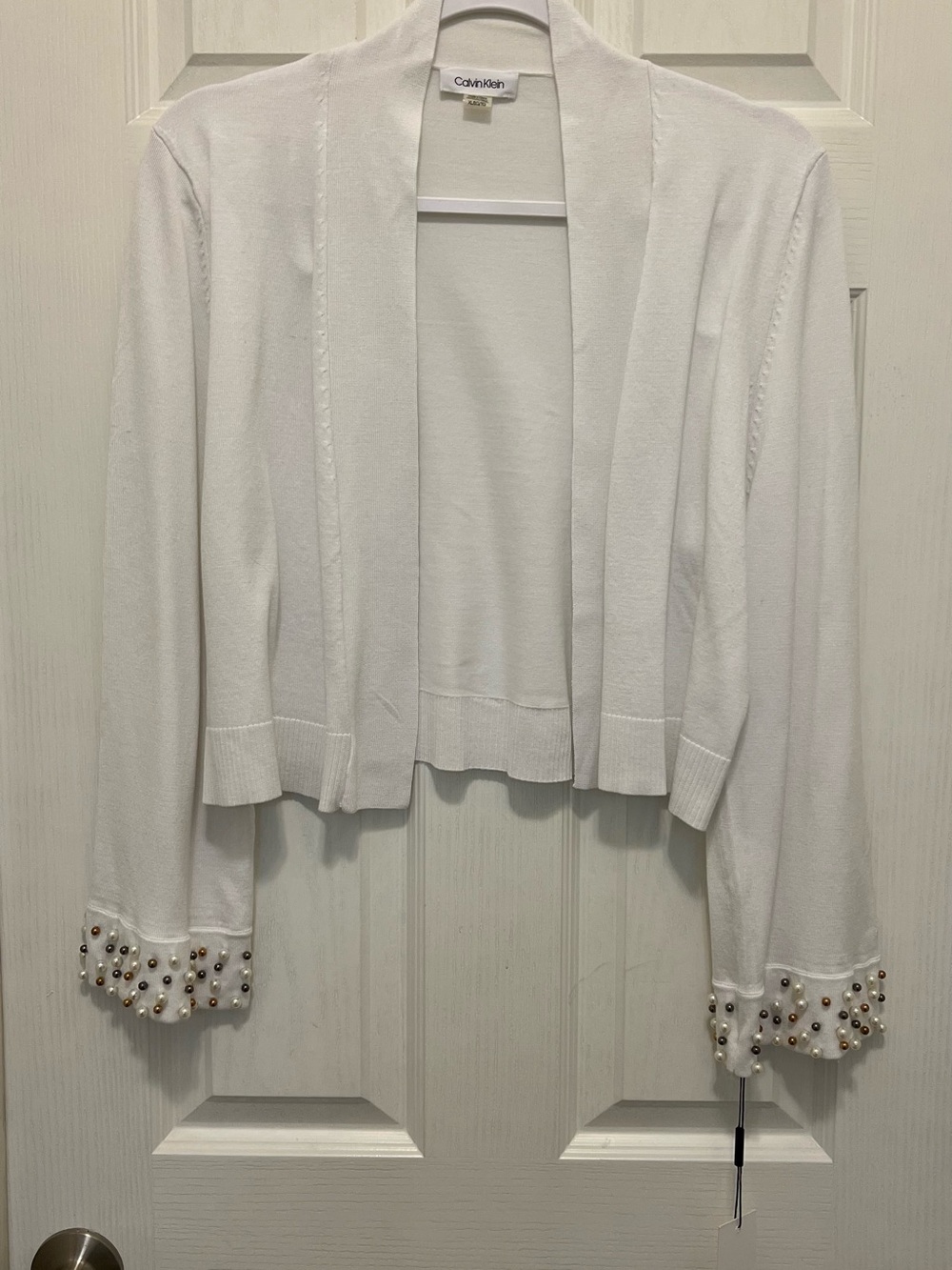 Calvin Klein White Open-Front Cardigan with Pearl and Gold Bead Cuffs